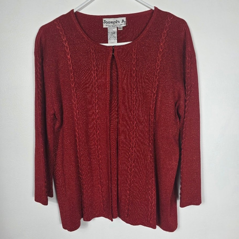 Vintage Joseph A‎ Red Sparkle Knit Cardigan Sweater Open Front Braided Detail XL